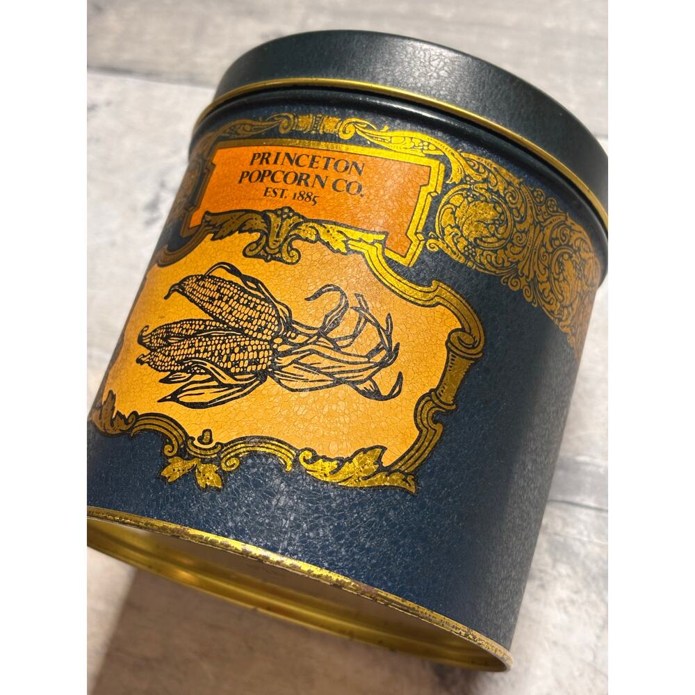 Vintage Collectible Princeton Popcorn Co Tin Tan Gold Navy Green 4.5”H 4.25”W